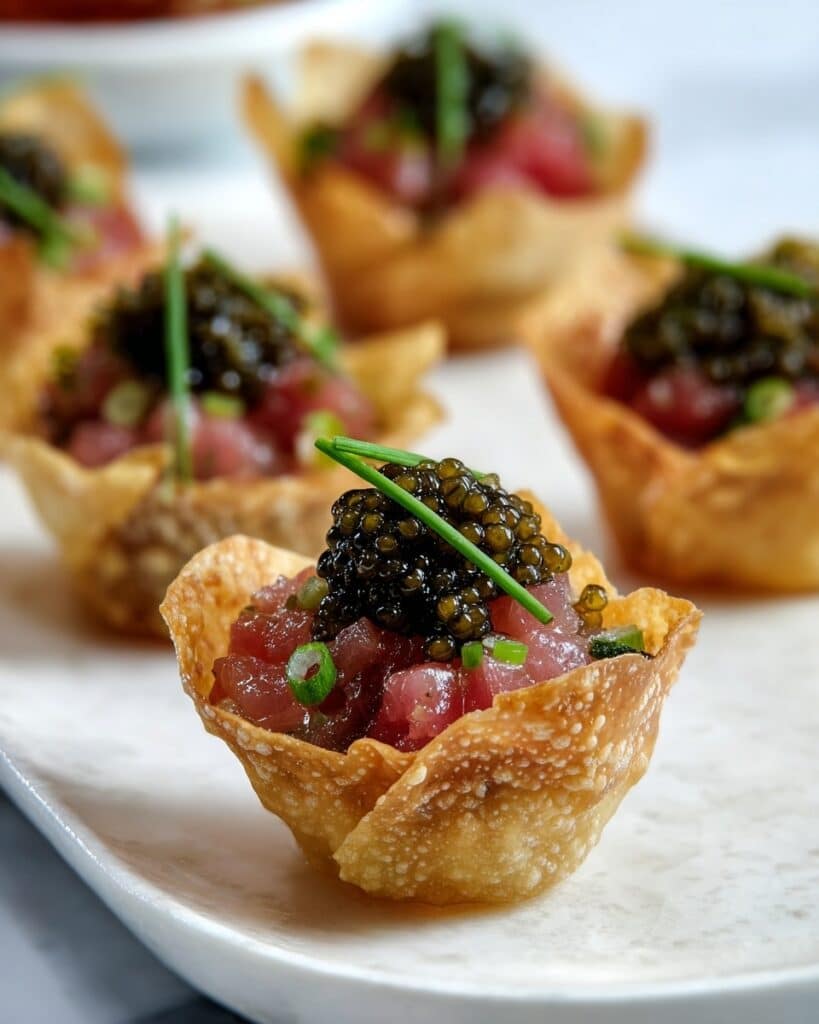 Tuna Wonton Cups with Creme Fraiche and Truffle Oil Recipe
