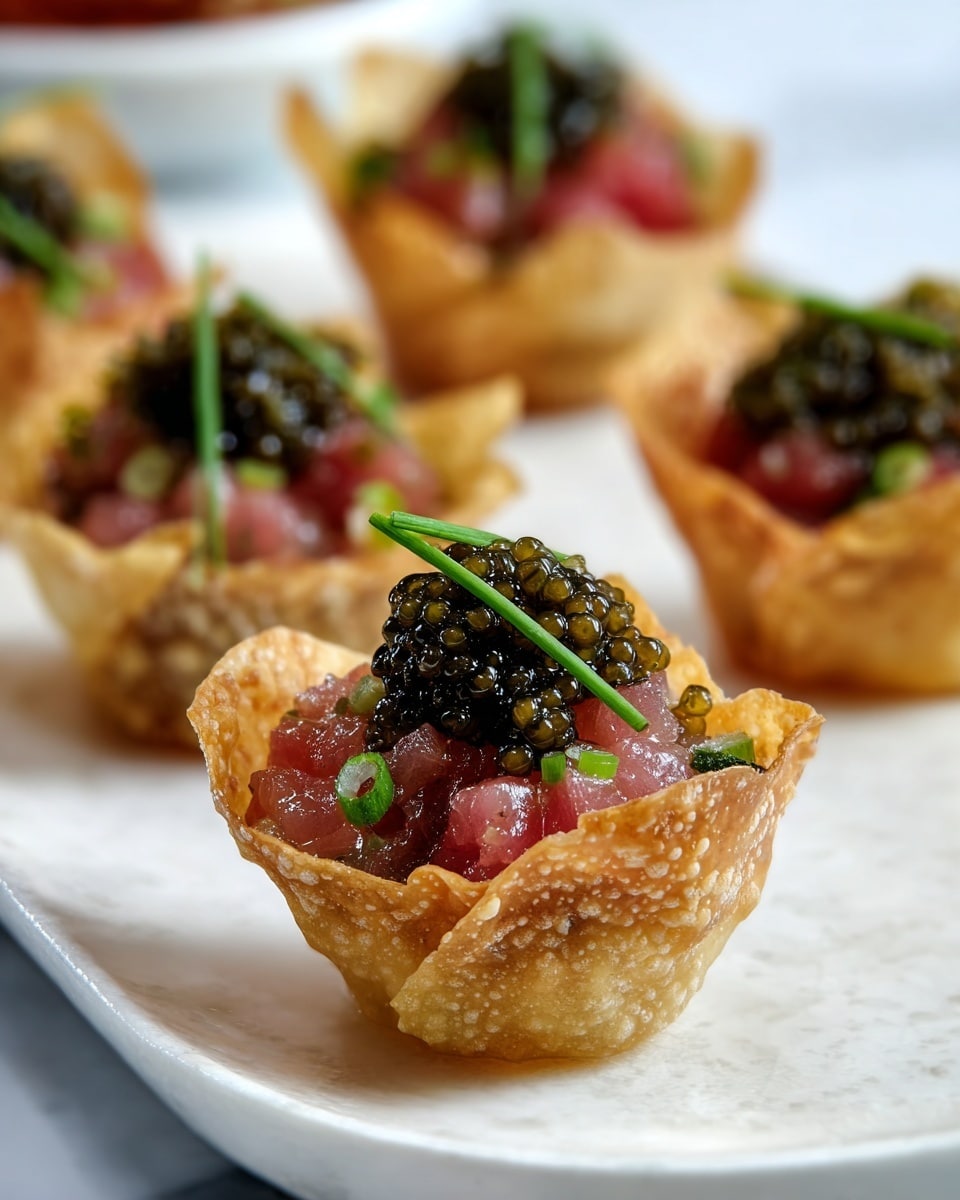 Tuna Wonton Cups with Creme Fraiche and Truffle Oil Recipe
