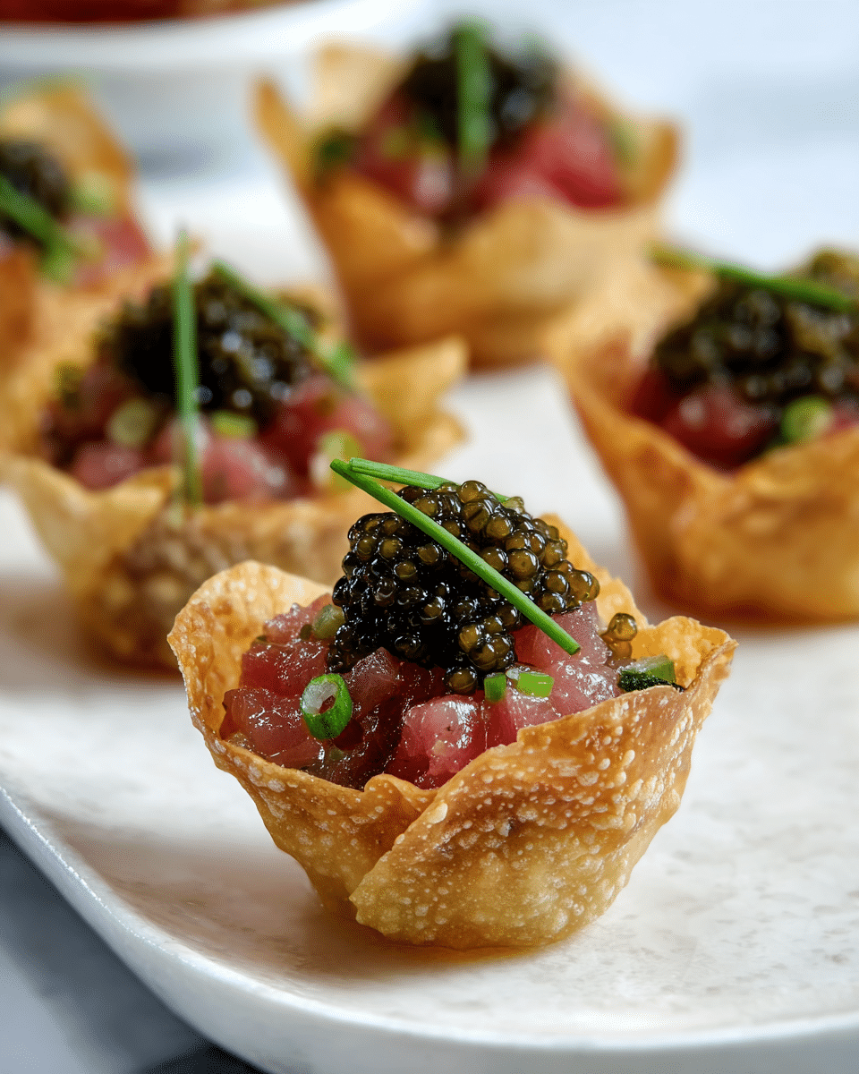 The dish shows several small, crispy golden-brown cups made from flaky pastry, each holding a layered filling. The first layer inside the cup is a glossy, finely chopped mix of pink and red raw fish with small green onion rings adding a fresh burst of color. On top of that sits a dark pile of shiny, tiny black and green pearls, likely caviar, giving a rich texture contrast. Each cup is garnished with a thin, curved green chive on top, and all cups are arranged closely together on a white plate resting on a white marbled surface. The focus is sharpest on the closest cup while others blur softly in the background. photo taken with an iphone --ar 4:5 --v 7