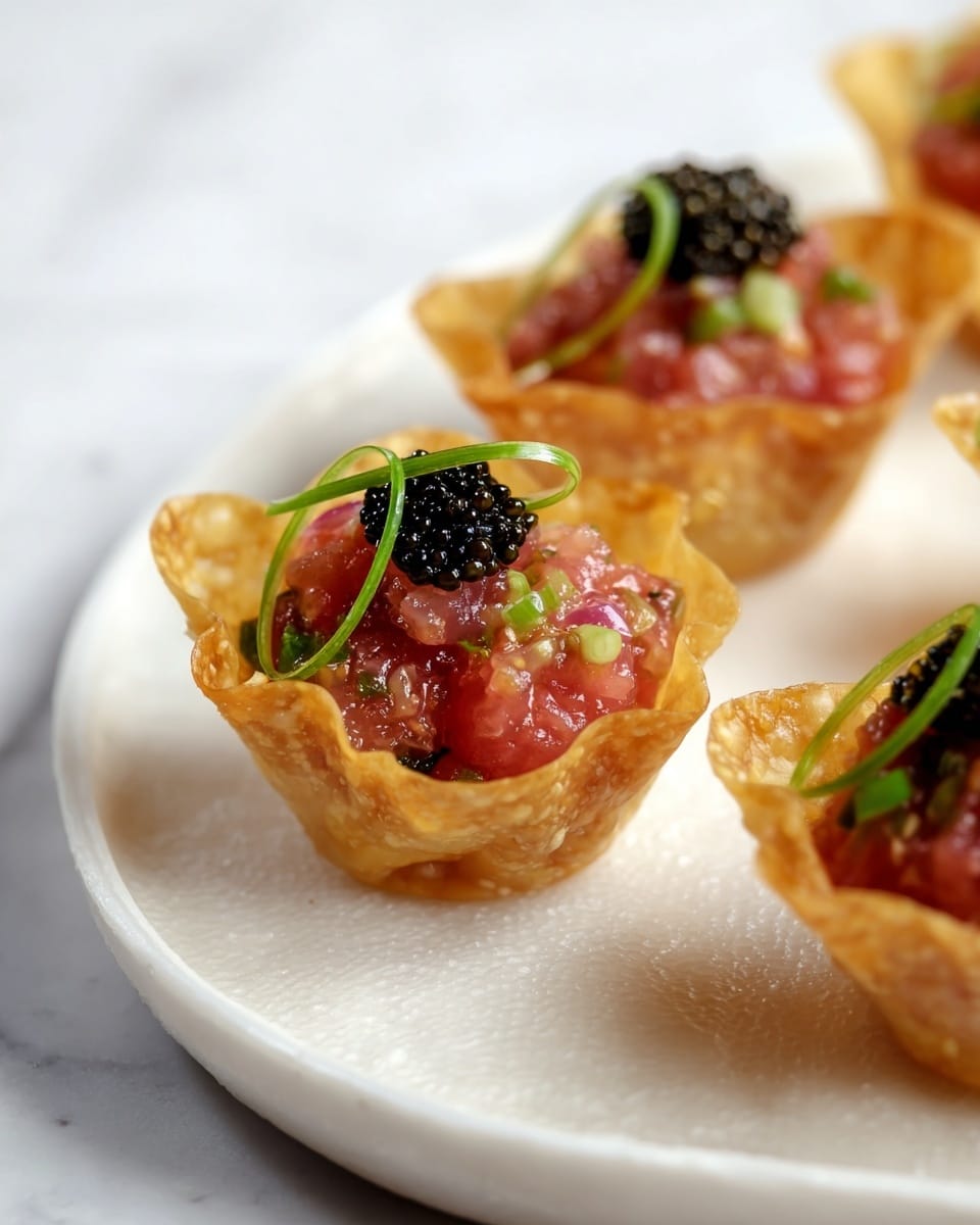 The image shows small appetizer cups made of golden, crispy pastry shells with ruffled edges. Each cup is filled with a bright pinkish-red mixture that looks like minced raw fish mixed with green onion slices. On top of this layer, there is a small mound of shiny, black caviar. A thin, curved green garnish is placed on the caviar in the cup closest to the front. The cups are placed on a smooth, white plate with a subtle texture, set on a white marbled surface with soft natural light. photo taken with an iphone --ar 4:5 --v 7