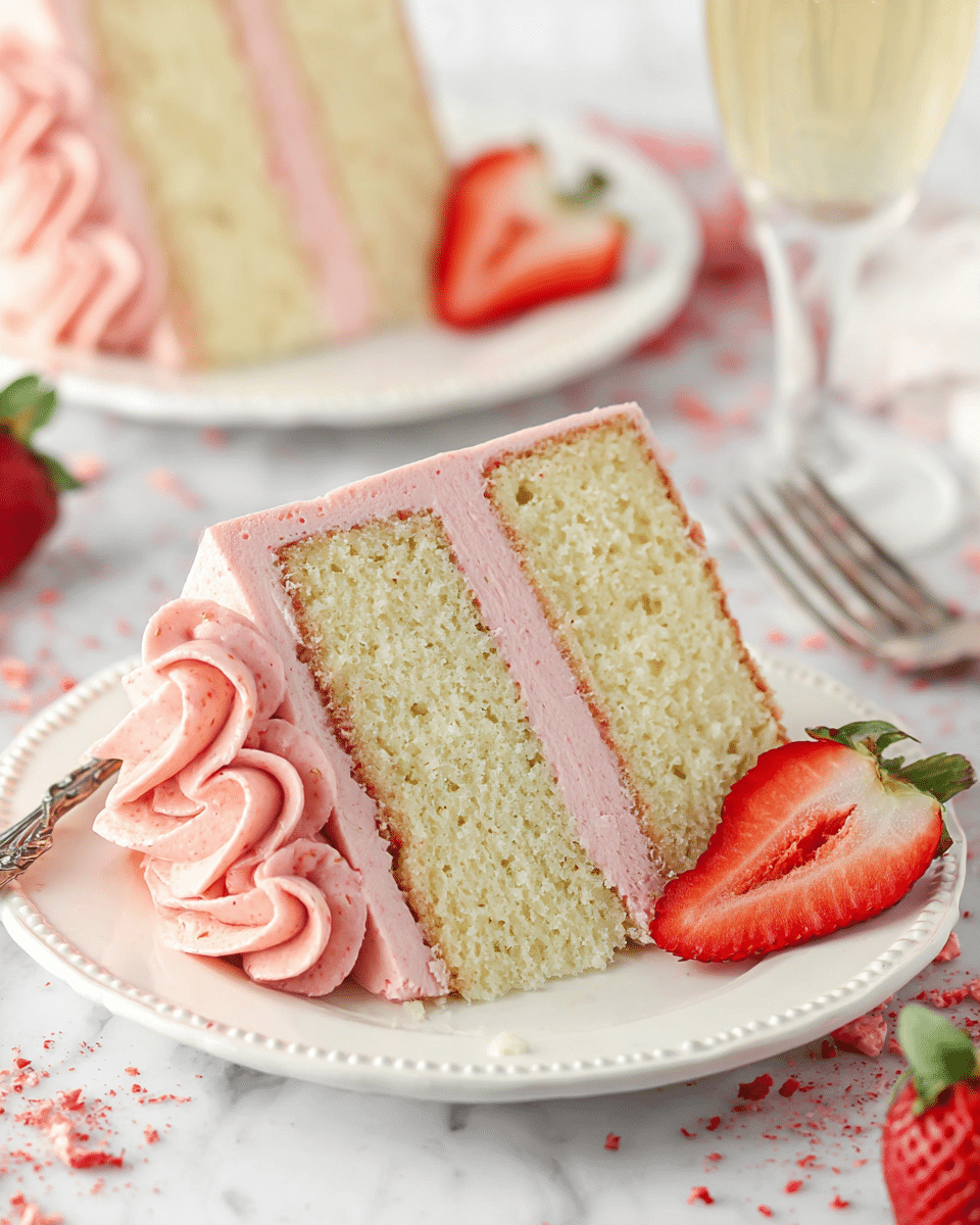 A slice of three-layer white cake is shown on a white plate with a decorative rim. Each layer of the cake is light and fluffy with a pale yellow color. Between each layer is a thick spread of smooth pink frosting, which also covers the sides and top of the slice. A swirl of the same pink frosting decorates the side near the bottom, and fresh strawberry halves are placed beside the cake on the plate. In the background, another piece of the cake with pink frosting swirls sits on a white plate, all set on a white marbled surface with scattered red crumbs and strawberry pieces. A silver fork rests behind the cake slice on the plate. photo taken with an iphone --ar 4:5 --v 7