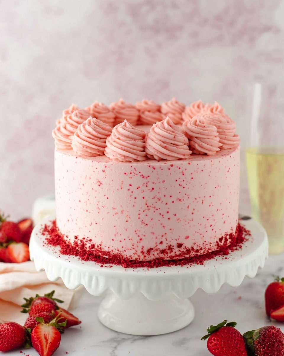 A round, smooth pink cake with small red specks all over the frosting sits on a white cake stand with ruffled edges. The cake has one layer covered evenly with pink frosting and is topped with a ring of thick, swirled pink frosting dollops around the edge. Crushed red crumbs are scattered around the base on the cake stand. The background and surface are a white marbled texture, with some fresh sliced and whole strawberries placed around the cake. A glass of light yellow liquid is visible to the right side. photo taken with an iphone --ar 4:5 --v 7