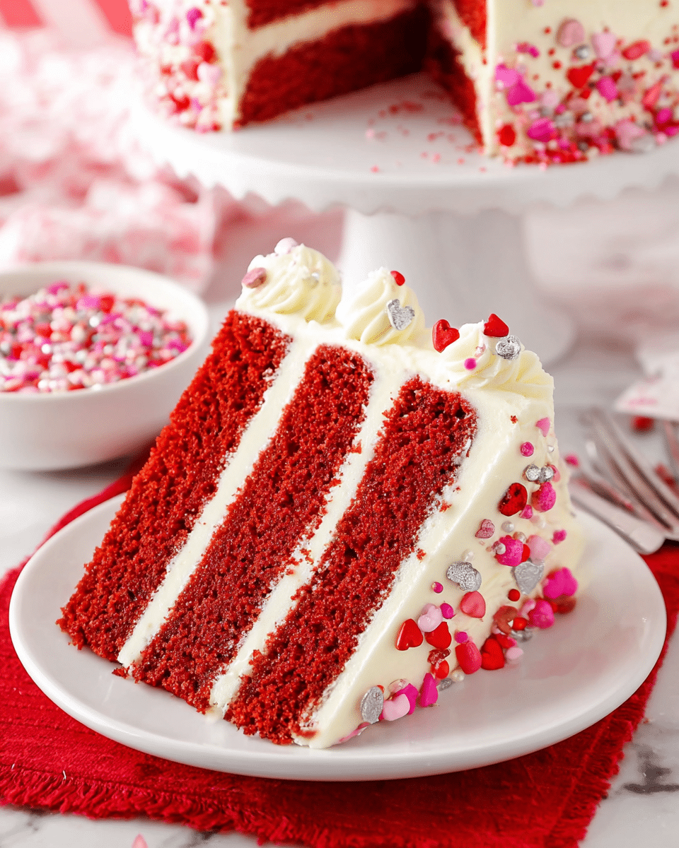 A slice of red velvet cake with three thick, bright red layers separated by thin, smooth white cream cheese frosting layers sits on a white plate in the foreground. The cake's outer edges are coated with more white creamy frosting, decorated with small swirls and red, pink, and silver round and heart-shaped sprinkles. In the background, a white cake stand holds the rest of the whole cake, which is covered with thick white frosting and generously topped with the same colorful sprinkles. Nearby is a white bowl filled with the sprinkles. The scene is set on a white marbled surface with a red cloth underneath the plate, adding a festive touch. photo taken with an iphone --ar 4:5 --v 7