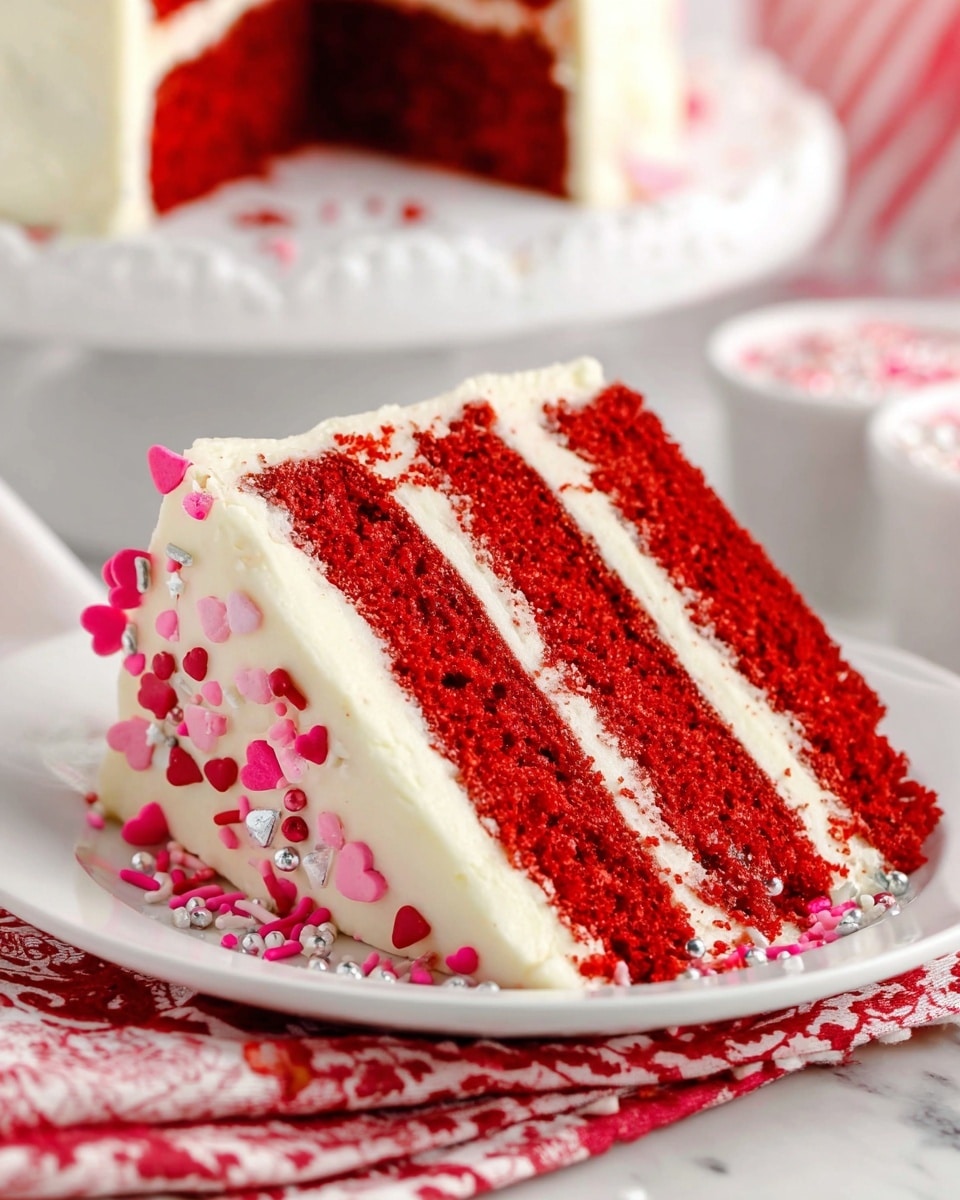 A close-up of a slice of red velvet cake on a white plate shows three thick layers of bright red cake separated by two layers of smooth, white cream cheese frosting. The cake is coated with a thick layer of the same white frosting on the outside, decorated with small pink, red, and silver heart-shaped and round sprinkles along the top and around the bottom edge. The white plate sits on a folded red and white patterned cloth, and the background features a white marbled texture with a blurred view of a whole frosted cake on a white cake stand and a small white bowl with sprinkles. Photo taken with an iphone --ar 4:5 --v 7