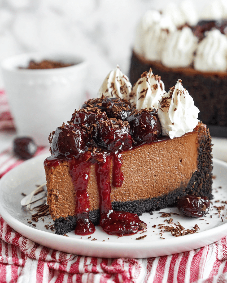 A slice of rich chocolate cheesecake sits on a white plate with a crumbly dark chocolate crust as the base layer. On top of the thick, creamy chocolate cheesecake layer is a glossy red cherry sauce dripping down the sides, filled generously with whole dark cherries. The top layer has a ring of white whipped cream with small peaks, sprinkled with fine chocolate shavings. The slice is set on a red and white striped cloth, with a white marbled surface in the background. Photo taken with an iphone --ar 4:5 --v 7