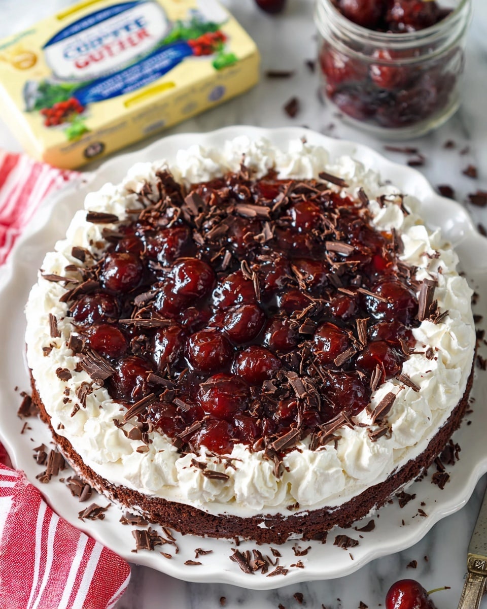 A close-up view of a round cake on a white scalloped plate set on a white marbled surface; the cake has three main visible layers starting with a dark chocolate base, topped by a thick layer of glossy, dark red cherry filling with whole cherries visible, and finished with a ring of white whipped cream piped around the edge. The whipped cream is sprinkled with thin, dark chocolate shavings that also scatter around the plate. The top of the cherry filling is shiny and textured with whole cherries submerged in the syrupy glaze. To the side, there is a block of butter with colorful packaging and a small glass jar with more cherry topping on a red and white striped cloth. Photo taken with an iphone --ar 4:5 --v 7
