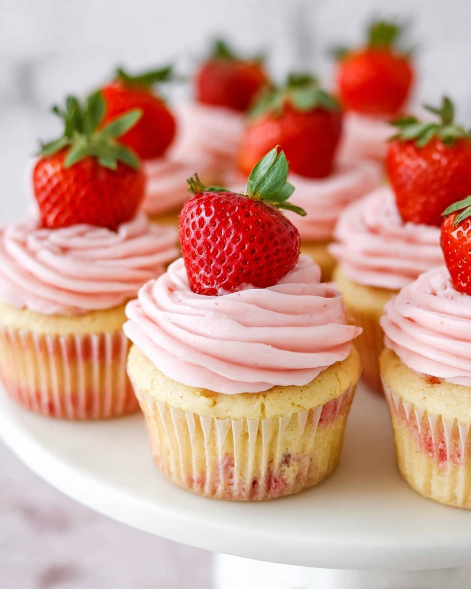 A group of light yellow vanilla cupcakes with a hint of pink strawberry bits baked inside, each topped with a swirl of smooth pink strawberry frosting that has a creamy texture, and crowned with a fresh, halved red strawberry with green tops, all arranged closely together on a white plate against a white marbled texture background. photo taken with an iphone --ar 4:5 --v 7