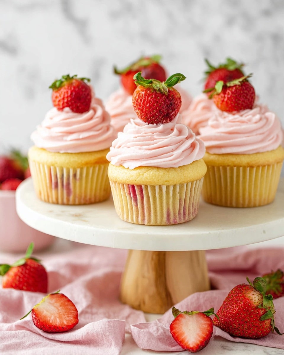 The image shows a group of soft yellow cupcakes with visible pieces of strawberry inside the cake base. Each cupcake has one thick swirl of smooth, pale pink strawberry frosting on top, looking creamy and light. A fresh, halved red strawberry with green leaves is placed on each swirl of frosting, adding a bright and fresh contrast. The cupcakes are arranged on a white cake stand with a wooden base, set on a white marbled surface with a light pink cloth beneath. Whole and halved strawberries also lie scattered around the base of the stand, adding to the fresh look. photo taken with an iphone --ar 4:5 --v 7