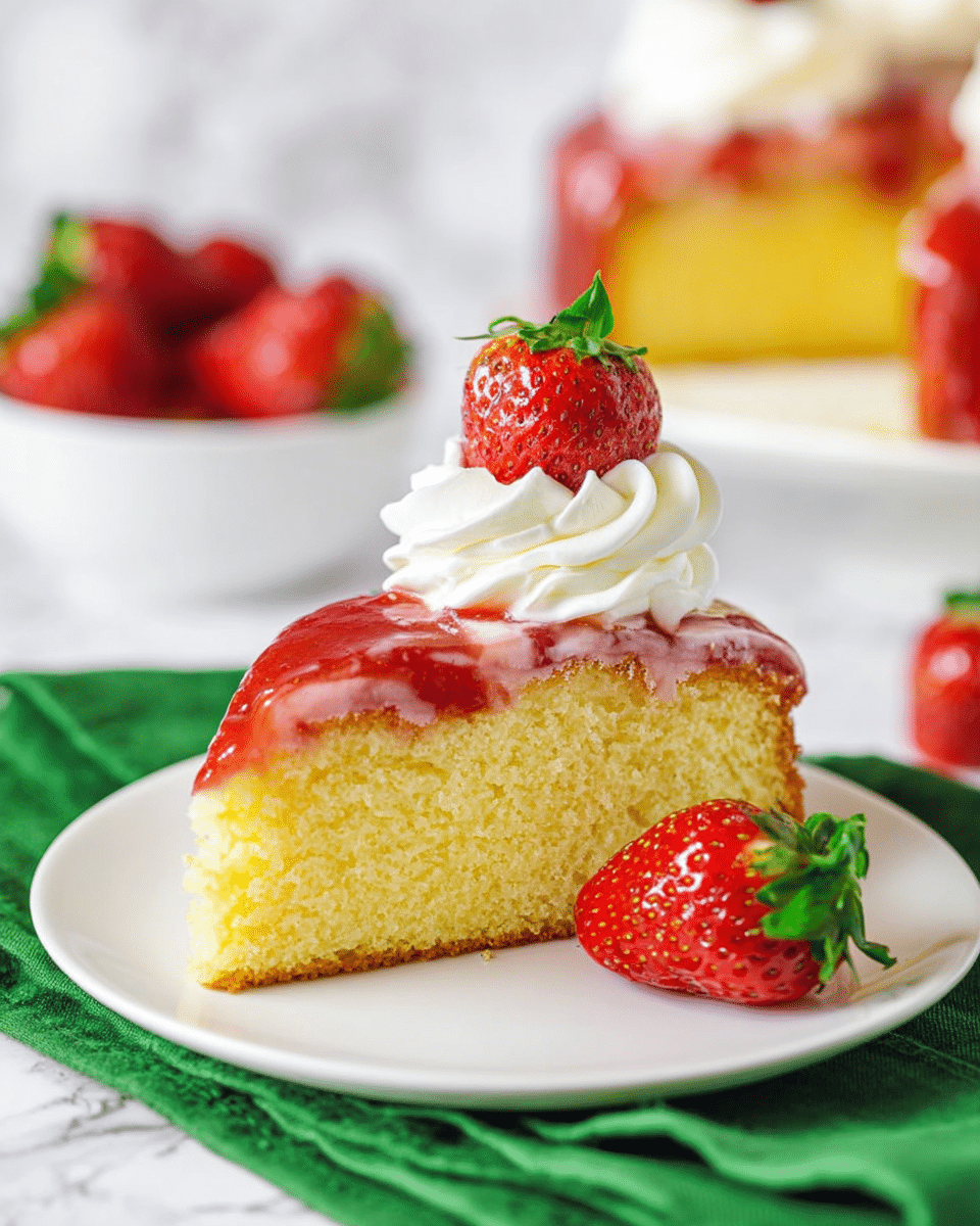 The image shows a slice of yellow cake with a soft, moist texture. The top layer is covered with a red strawberry glaze, which looks shiny and smooth. On top of the glaze, there is a swirl of white whipped cream, and a halved fresh strawberry is placed elegantly on the cream. Next to the cake slice on the white plate is another halved strawberry with its green stem. The plate sits on a folded green cloth that adds a pop of color. In the background, there is a white bowl filled with whole red strawberries and a blurred view of the rest of the glazed cake. The surface beneath is a white marbled texture. photo taken with an iphone --ar 4:5 --v 7