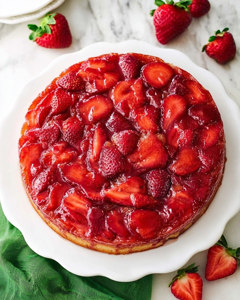 A round strawberry upside-down cake sits on a white plate with a scalloped edge, placed on a white marbled surface. The cake has one visible layer: the top is covered entirely with sliced strawberries arranged closely in a red, glossy, sticky glaze that gives a shiny and textured look. The edges of the cake reveal a light brown baked layer underneath the strawberry topping. Around the plate, there are whole and halved strawberries adding a fresh touch, with a green cloth partially under the plate. Photo taken with an iphone --ar 4:5 --v 7