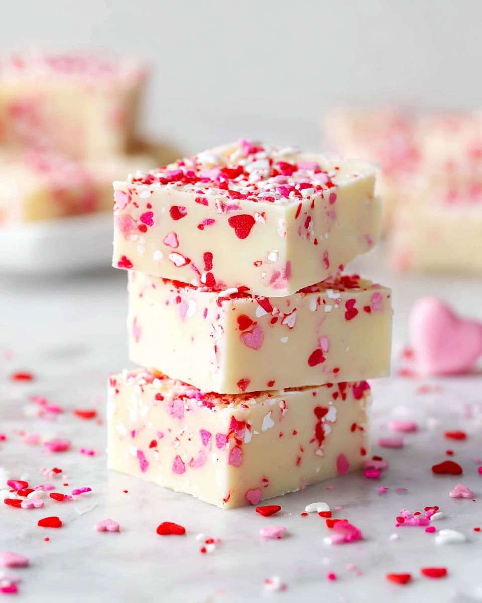 A stack of three thick white fudge squares is shown, each square filled with small red, pink, and white heart-shaped sprinkles embedded inside and spread on top. The fudge texture looks smooth and creamy with slightly rounded edges. Scattered heart sprinkles lie around the base on a white marbled surface. In the background, partially blurred, there are additional pieces of similar fudge displayed on a white plate. The overall color palette is soft white and pastel pinks and reds, creating a sweet and festive look. photo taken with an iphone --ar 4:5 --v 7
