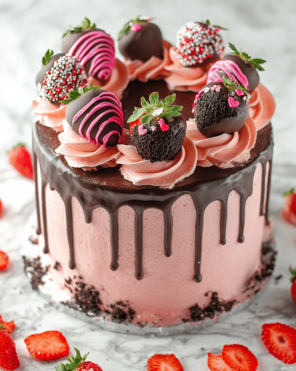 A two-layer cake with light pink smooth frosting as the base, covered on top with a shiny dark chocolate ganache that drips down the sides in uneven streams. Around the top edge of the cake, there are eight large swirls of pink frosting, each topped with a fresh strawberry dipped halfway in chocolate and decorated differently: some have pink icing drizzles, some have white and red heart sprinkles, and others have crushed cookie crumbs. The cake is placed on a white marbled surface with scattered fresh strawberry halves around its base. photo taken with an iphone --ar 4:5 --v 7