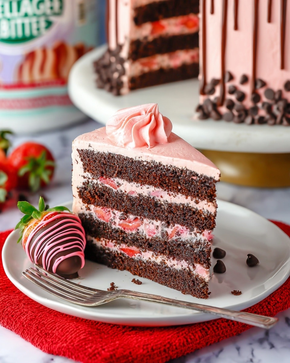 A slice of layered chocolate cake sits on a white plate with a silver fork. The cake has five dark brown chocolate sponge layers, separated by four layers of pink cream with red strawberry bits. The top layer is covered with pink cream, and a swirl of the same pink cream decorates the side near a chocolate-covered strawberry with pink drizzle. The plate rests on a red cloth on a white marbled surface. In the background, the main cake is visible with pink frosting and chocolate drips on the sides, surrounded by small chocolate chips. Photo taken with an iphone --ar 4:5 --v 7