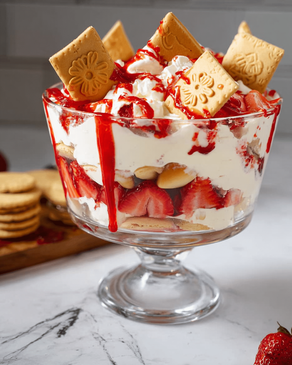 A clear glass bowl holds a dessert with three visible layers: at the bottom, a layer of round, light golden cookies topped closely with thick white cream and fresh red strawberry slices pressed against the glass; above this is a second thick white cream layer mixed with more strawberry slices embedded inside, all drizzled with bright red strawberry syrup running down the sides inside the bowl; the top layer is a smooth white cream crowned with tilted square golden cookies that have simple flower and animal designs, with more red syrup scattered over them. The bowl is placed on a white marbled surface with a wooden board and more cookies in the background. Photo taken with an iphone --ar 4:5 --v 7