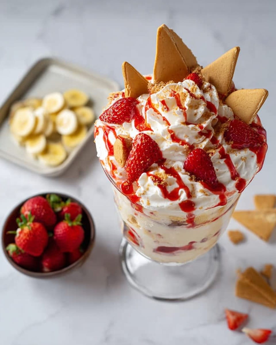 A tall dessert glass filled with three layers: the bottom layer is creamy white, the middle layer is thick whipped cream mixed with small light brown cookie pieces, and the top layer is a generous swirl of whipped cream topped with fresh bright red strawberry slices and whole strawberries. Around the rim of the glass, triangular light beige cookies are placed standing up, with red syrup drizzled over them and the whipped cream, adding bright red streaks. The glass is on a white marbled surface, next to a white tray holding a bowl of sliced yellow bananas and scattered strawberry pieces. Photo taken with an iphone --ar 4:5 --v 7