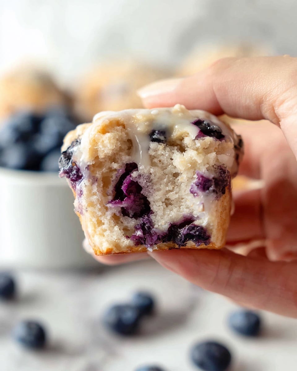 A close-up of a woman's hand holding a partially eaten blueberry muffin, showing its soft, light beige crumb with bursts of dark purple blueberries scattered inside. The top of the muffin has a slightly shiny glaze with a few visible blueberry stains, adding a hint of gloss. In the blurred background, there are scattered fresh blueberries on a white marbled surface and a white bowl filled with more blueberries. The natural light highlights the texture of the muffin and the smooth skin of the woman's hand. photo taken with an iphone --ar 4:5 --v 7
