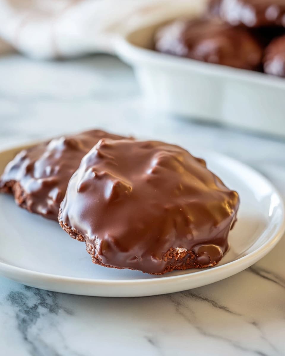 Two round chocolate-covered cookies sit side by side on a simple white plate. The cookies have a thick, glossy chocolate coating that looks smooth but slightly uneven with small bumps and ridges, showing the texture of the cookie beneath. The chocolate is dark brown and shiny, catching the light in some spots. In the blurred background, a white ceramic dish holds more cookies, and the whole scene rests on a white marbled surface. photo taken with an iphone --ar 4:5 --v 7