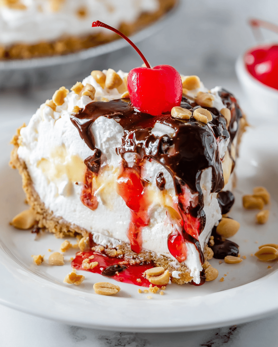 A close-up of a slice of creamy pie on a white plate, showing four layers: a crumbly light brown crust at the bottom, a thick creamy white filling above it, a fluffy white whipped cream layer on top, and a glossy dark brown chocolate drizzle layered over the whipped cream. Bright red cherry syrup streaks are mixed with the chocolate sauce, and a shiny red cherry with its stem sits on top. Crushed light tan peanuts are sprinkled over the slice and scattered on the plate, all on a white marbled surface background. Photo taken with an iphone --ar 4:5 --v 7