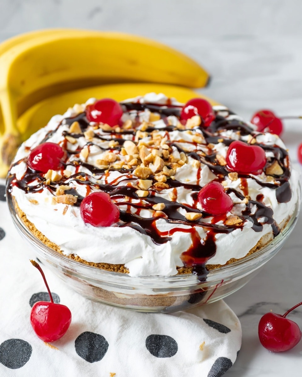 The image shows a dessert in a glass dish with a light brown crumbly base layer at the bottom. Above this is a thick layer of white whipped cream, topped with a drizzle of dark brown chocolate syrup and bright red cherry syrup crossing over each other. On top of the syrups, there are scattered chopped light brown nuts and whole shiny red cherries with stems. The dish is placed on a white marbled surface, next to a white cloth with black spots, and a bunch of yellow bananas is visible in the background. photo taken with an iphone --ar 4:5 --v 7