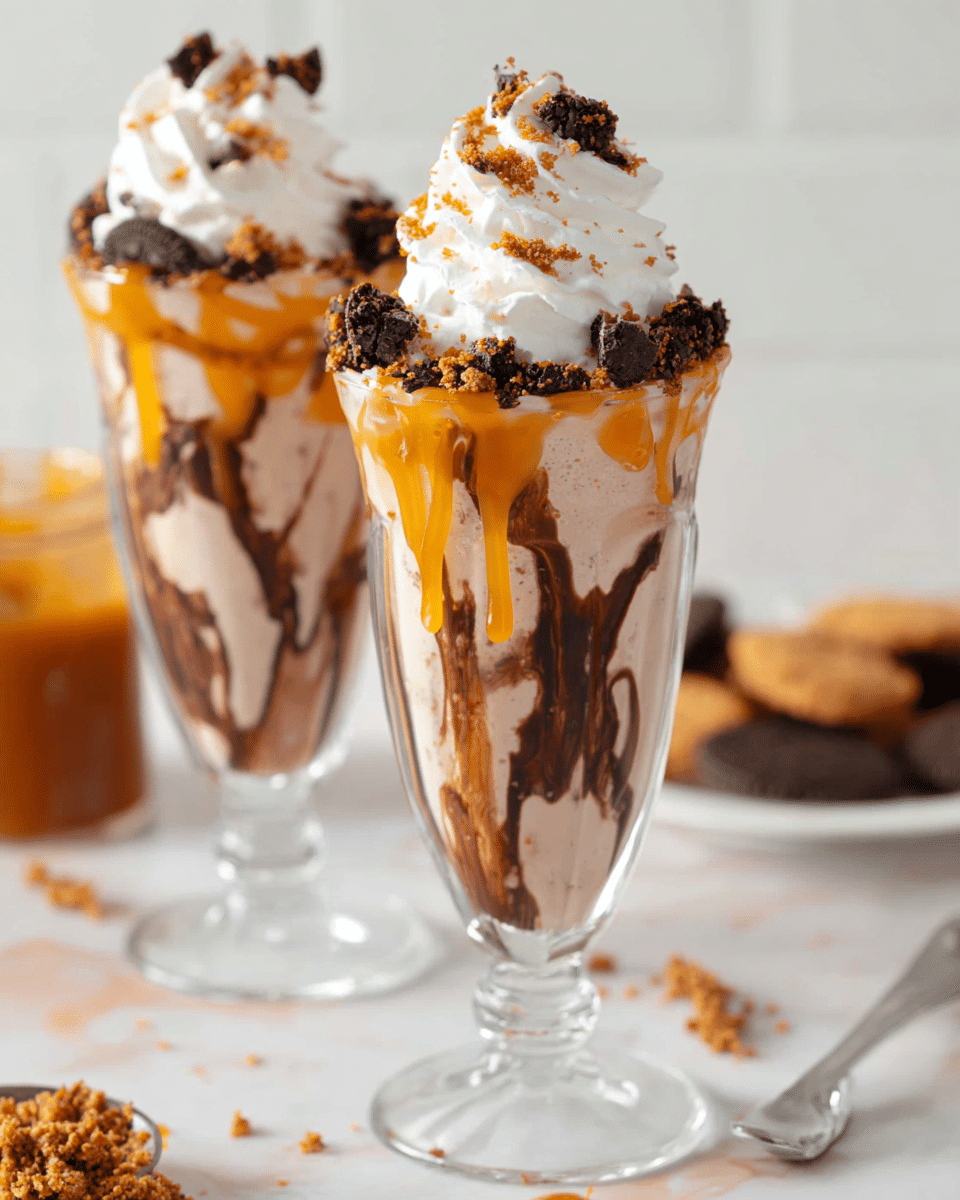 Two tall clear glass cups are shown filled with a creamy light brown milkshake. The inside of each glass has swirled dark brown chocolate and bright orange caramel sauce dripping down the sides. On top of each milkshake is a large, fluffy white whipped cream swirl that rises to a peak. Dark brown crunchy cookie crumb pieces are sprinkled over the whipped cream, adding texture and color contrast. The glasses have a rounded base and a short stem, set on a white marbled surface with some cookie crumbs scattered around. In the blurry background, a jar of caramel sauce and a plate with cookie pieces are visible. Photo taken with an iphone --ar 4:5 --v 7