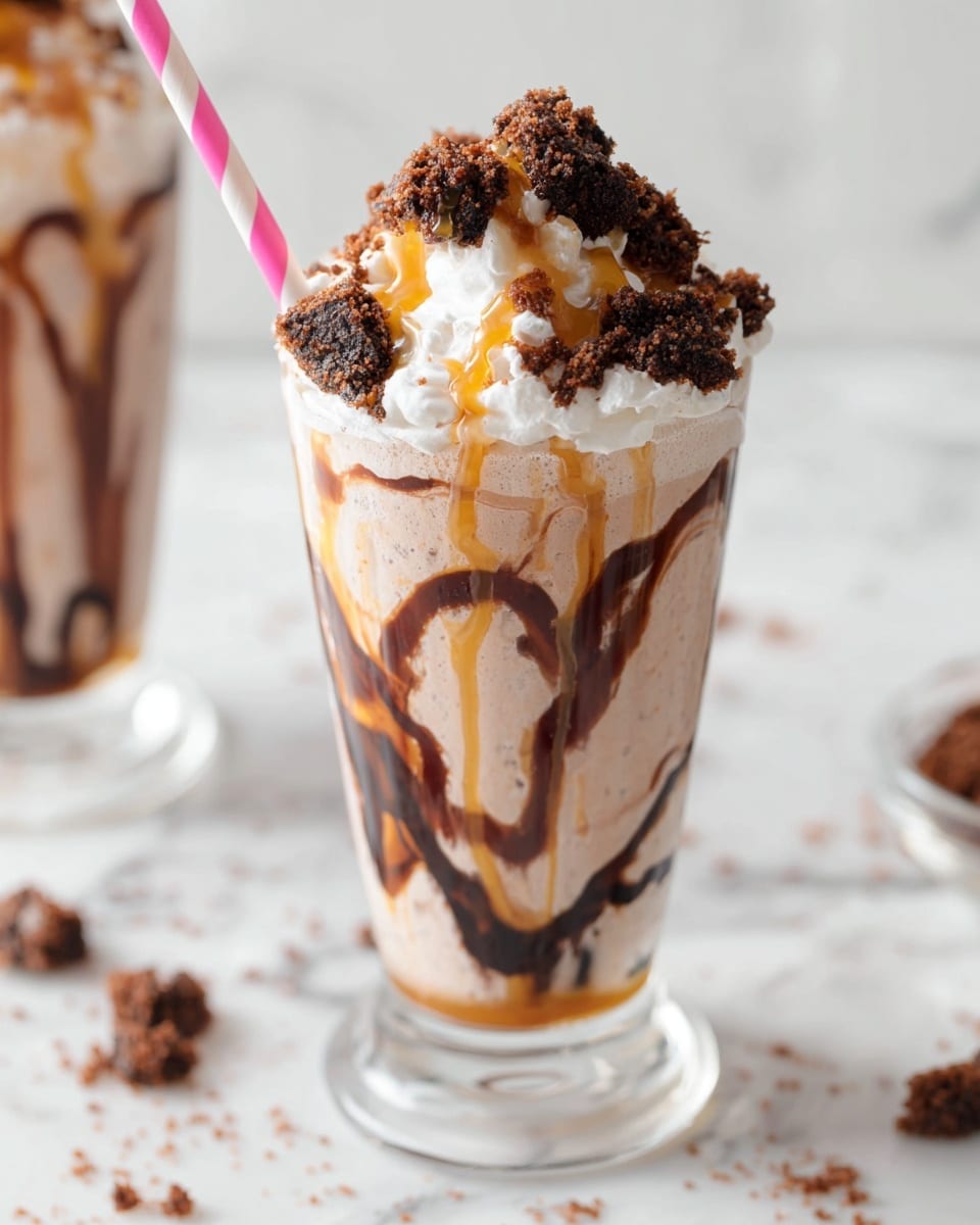 A tall clear glass filled with a creamy light brown milkshake that has dark brown chocolate and golden caramel syrup drizzled inside the glass creating a swirling pattern. On top, there is a thick layer of white whipped cream decorated with irregular dark brown brownie chunks. A pink and white striped straw is placed on the left side of the whipped cream. The glass is set on a white marbled surface with some brownie crumbs scattered around, and a second similar glass is blurred in the background. photo taken with an iphone --ar 4:5 --v 7