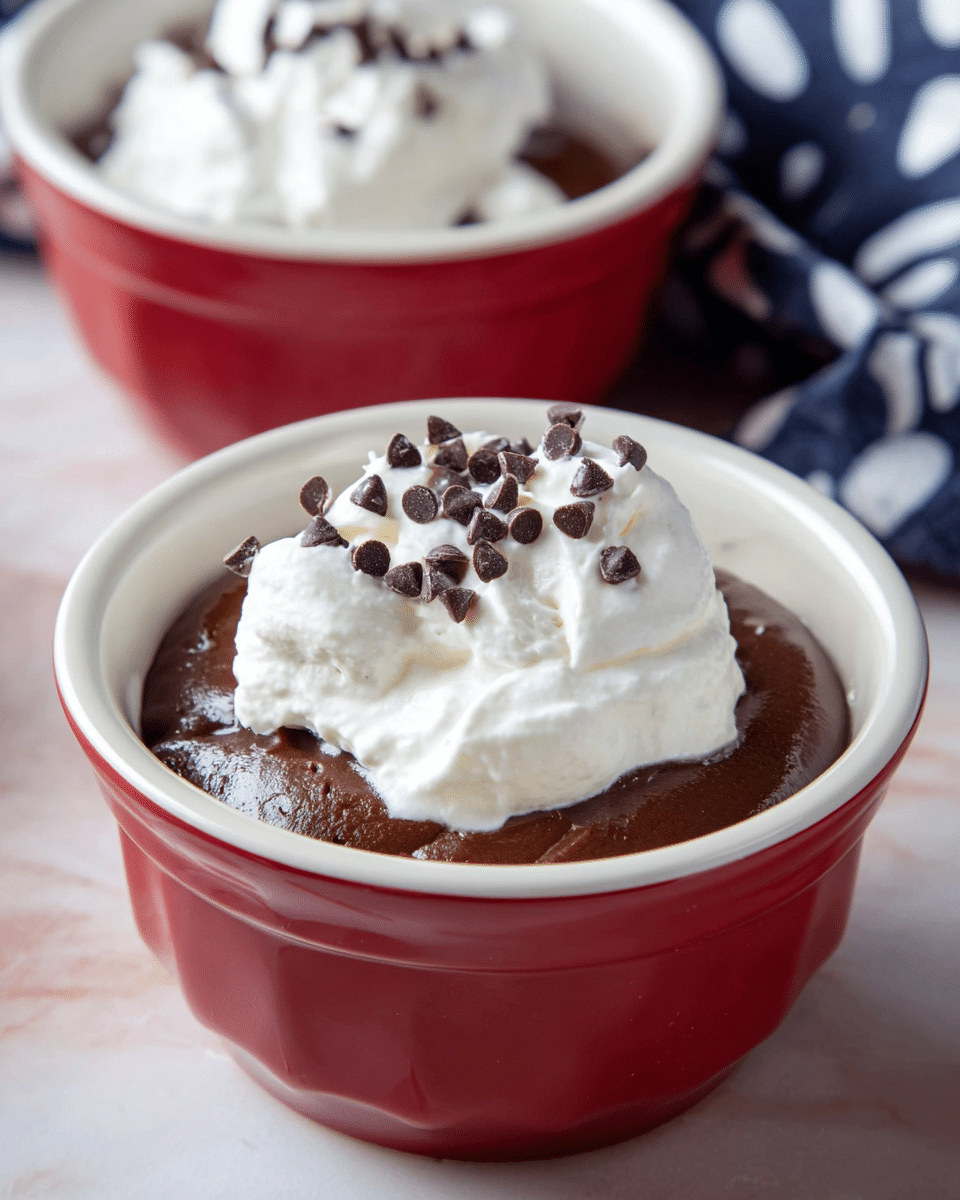 A dessert is shown in a white bowl with a red outside. It has two layers visible: the bottom layer is dark brown, smooth chocolate pudding, and the top layer is white whipped cream with a soft texture. On the whipped cream, there are small, dark brown chocolate chips scattered on top. In the background, there is another similar bowl that is out of focus, sitting on a white marbled surface. Photo taken with an iphone --ar 4:5 --v 7