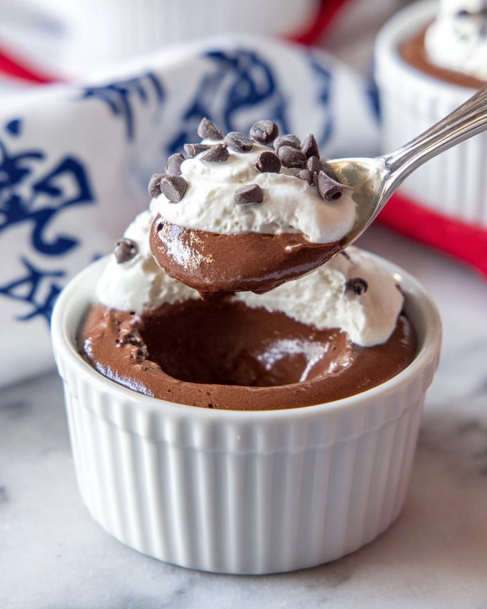 A close-up of a white ramekin filled with a thick, smooth dark brown chocolate mousse at the bottom, topped with a fluffy, white whipped cream layer speckled with small dark chocolate chips. A silver spoon is scooping up the rich mousse from the top layer, held above the ramekin, showing the mousse's creamy texture. The ramekin is set on a white marbled surface with a blurred white cloth featuring blue Japanese characters in the background. Photo taken with an iphone --ar 4:5 --v 7