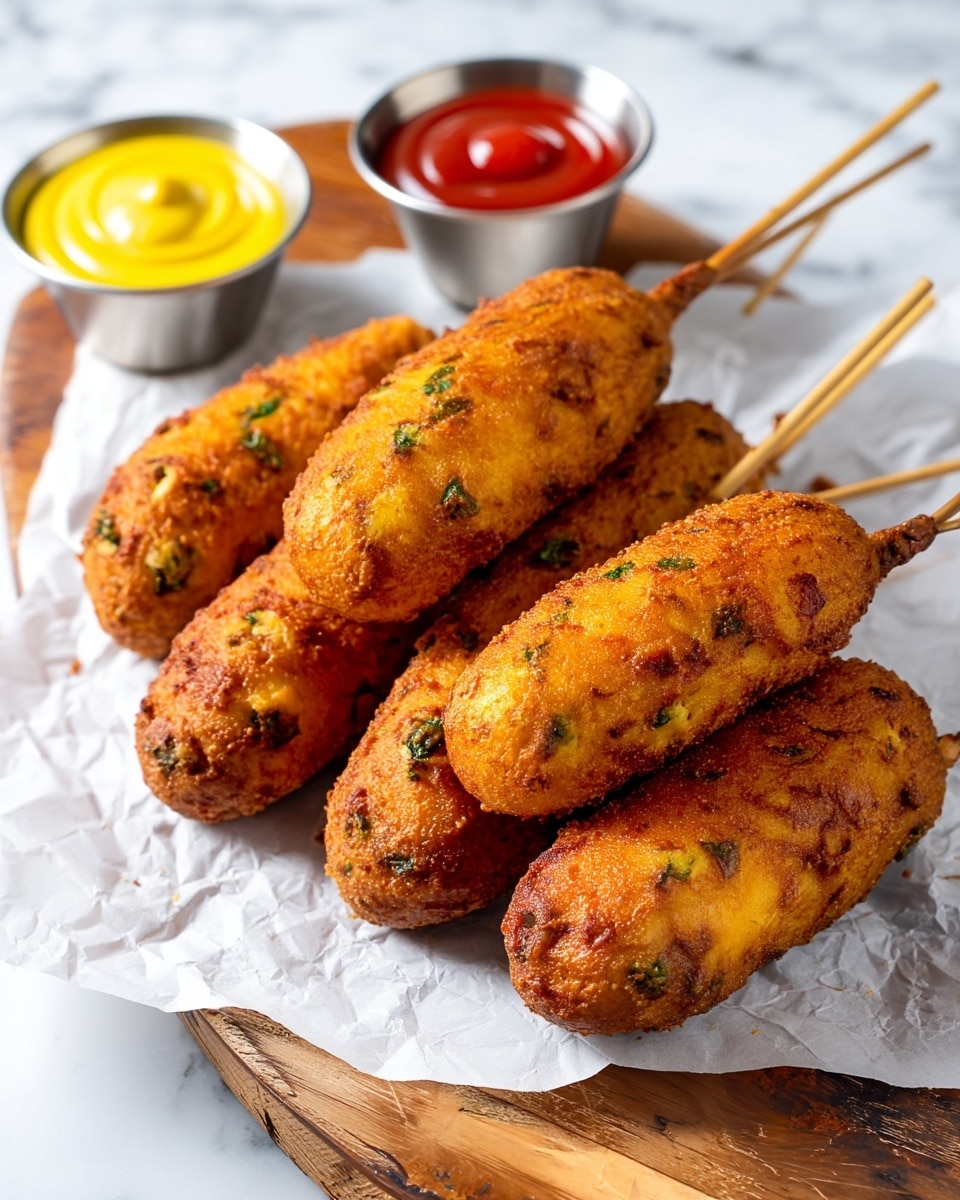 Six golden brown deep-fried corndogs with visible green herbs are arranged on white crumpled parchment paper, placed on a wooden board. Each corndog has a rough and crispy surface with small dark browned spots, and they are skewered on light brown wooden sticks that extend out to the right. Behind the corndogs are two small shiny metal sauce cups positioned on the board, one filled with yellow mustard and the other with red ketchup. The scene is set on a white marbled texture surface, adding a clean contrast to the warm colors of the food. Photo taken with an iphone --ar 4:5 --v 7