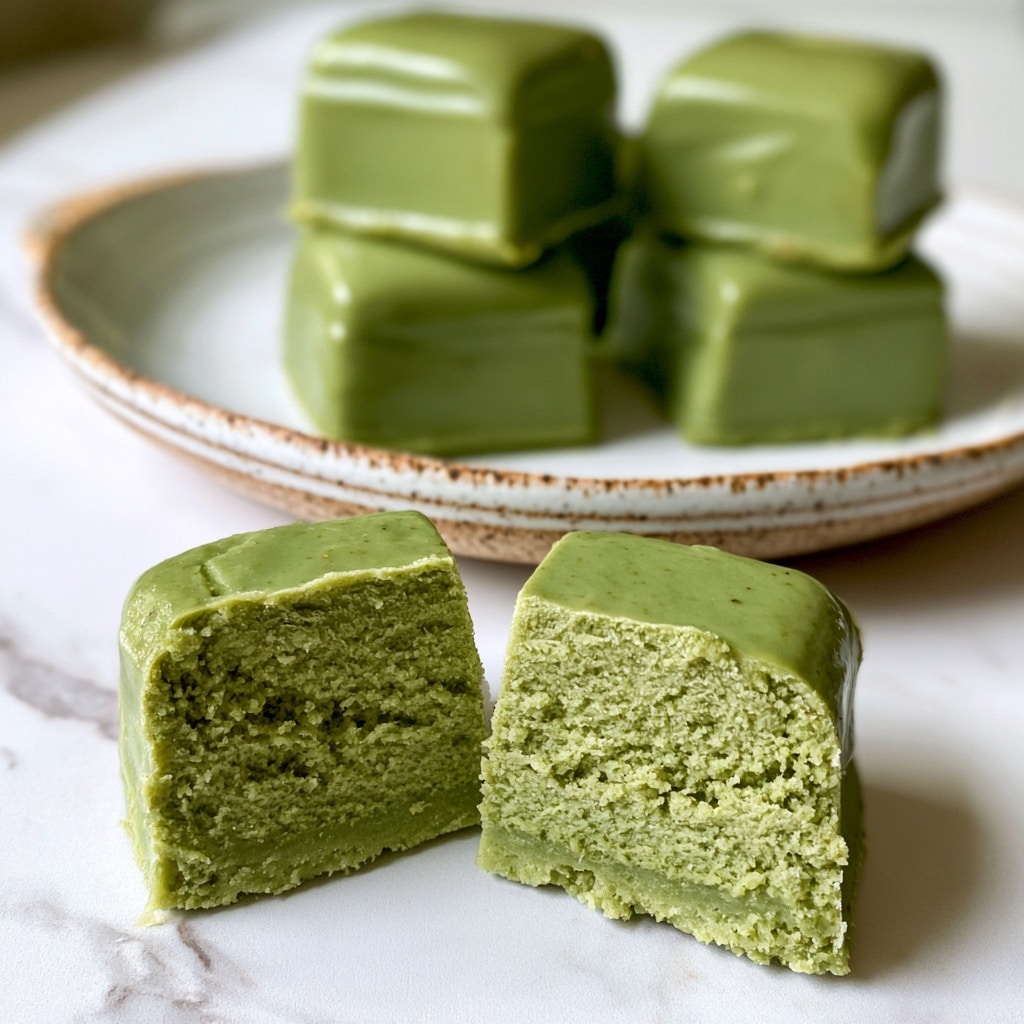 Several square pieces of green fudge are arranged on crinkled brown paper. Each piece is a single solid layer with a smooth but slightly grainy texture and a muted green color. The fudge squares have clean, sharp edges and some small crumbs around the base. The scene has a close-up focus with a soft, warm light, and the background is blurred to keep attention on the fudge. The paper rests on a white marbled texture. photo taken with an iphone --ar 4:5 --v 7