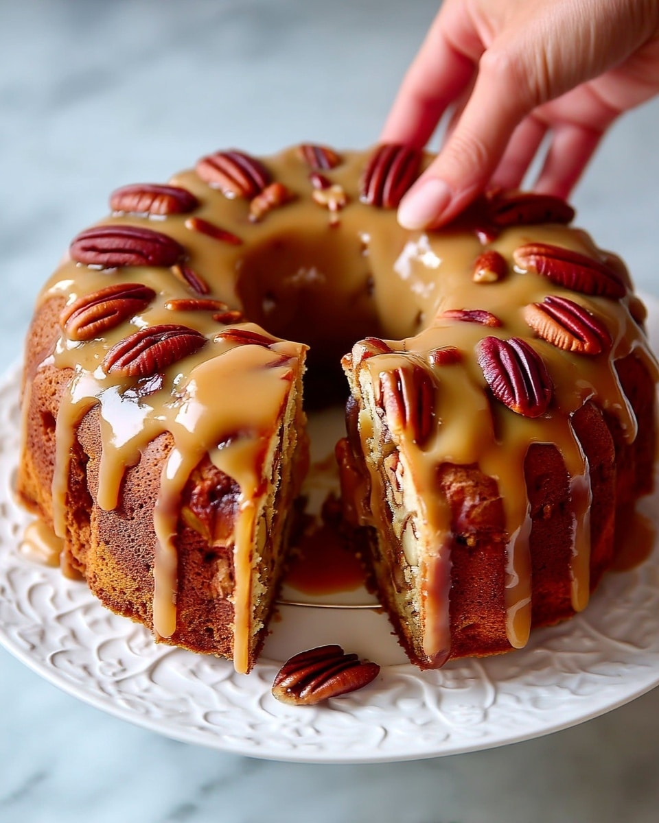 A close-up view of a round cake with one slice pulled out, showing three thick layers: the outer layer is golden-brown cake studded with pecan pieces, the middle layer is a gooey caramel filling with bits of pecans inside, and the top layer is covered with whole pecans and smooth caramel sauce dripping down the sides. The cake sits on a white plate with a delicate embossed pattern and is placed on a white marbled surface. A shiny pecan piece rests near the plate, and a metal cake server is visible between the slice and the cake. Photo taken with an iphone --ar 4:5 --v 7