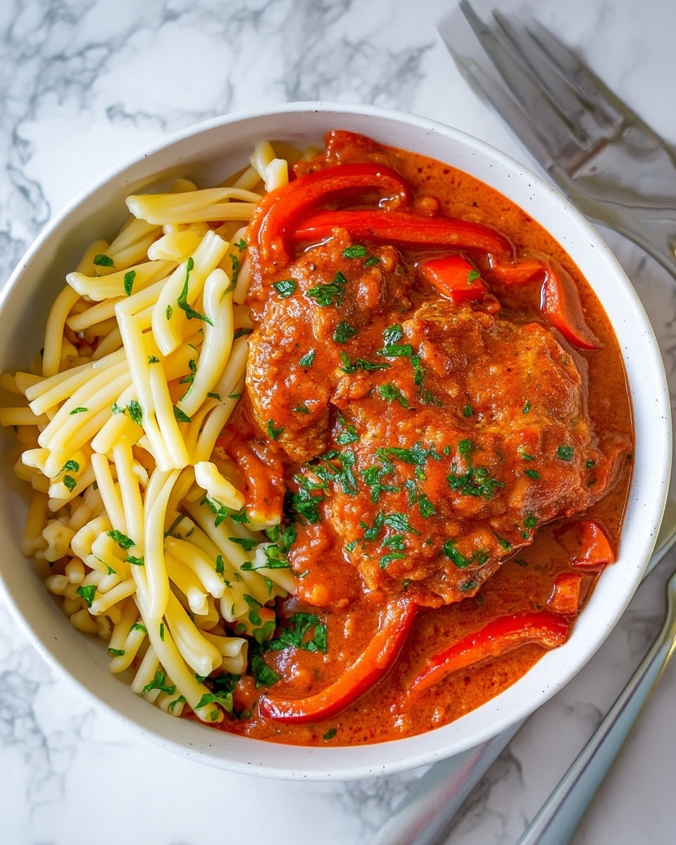 A white bowl filled with two main sections: on the left, there is a bed of short, pale yellow pasta sprinkled with small green herb pieces; on the right, there is a thick, rich reddish-orange sauce covering at least two pieces of meat, with strips of red bell pepper visible within the sauce and small green herbs sprinkled on top. The bowl sits on a white marbled surface with a silver fork and knife placed nearby. Photo taken with an iphone --ar 4:5 --v 7