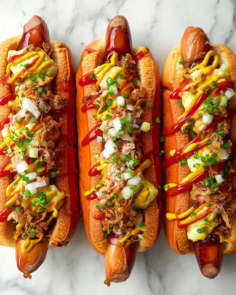Three hot dogs on a white marbled surface with golden toasted buns holding grilled sausages. Each hot dog is topped with a layer of chopped white onions, bright green chives, and crispy fried shallots. There are stripes of yellow mustard and red ketchup drizzled evenly across the toppings, giving a colorful contrast to the soft buns and juicy sausages. The sausages are slightly charred at the ends, peeking out from the buns. The overall look is vibrant and fresh, with each hot dog neatly arranged on the board. Photo taken with an iphone --ar 4:5 --v 7