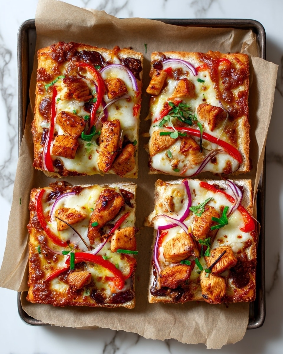 The image shows four square slices of pizza on a baking tray lined with brown paper, placed on a white marbled texture. Each slice has a thick, light golden crust as the bottom layer. On top, there is a layer of melted cheese that is bubbly and slightly browned at the edges. Spread over the cheese are pieces of grilled chicken with a brown, slightly charred texture; red bell pepper strips that add bright color; thin slices of purple onion scattered across; and small green herb leaves sprinkled on top for freshness. The pizza looks hot, freshly baked, and flavorful. photo taken with an iphone --ar 4:5 --v 7