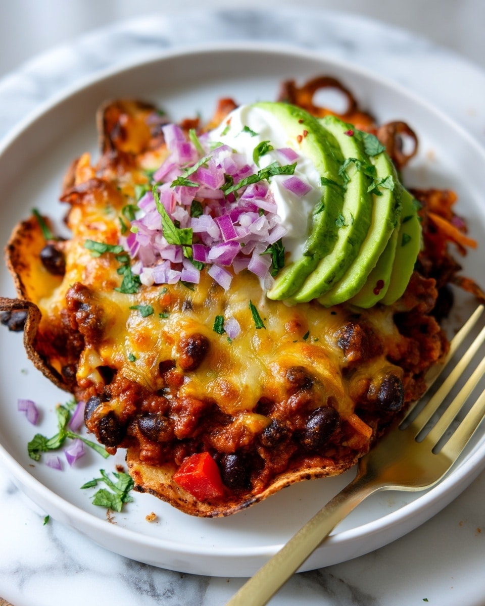 The dish features a base layer of crispy, golden-brown chips with some edges slightly charred, topped with a thick, chunky layer of reddish-brown chili mixed with black beans and small pieces of red bell pepper. Above this is a layer of melted, bubbly cheese that has browned in spots, with a few crispy curled cheese edges. On one side, there are thin slices of bright green avocado topped with chopped light purple onion and a dollop of white sour cream. Small bits of green herbs are sprinkled over the top and around the plate. The food is served on a white plate placed on a white marbled surface, with a gold fork visible on the right side. Photo taken with an iphone --ar 4:5 --v 7