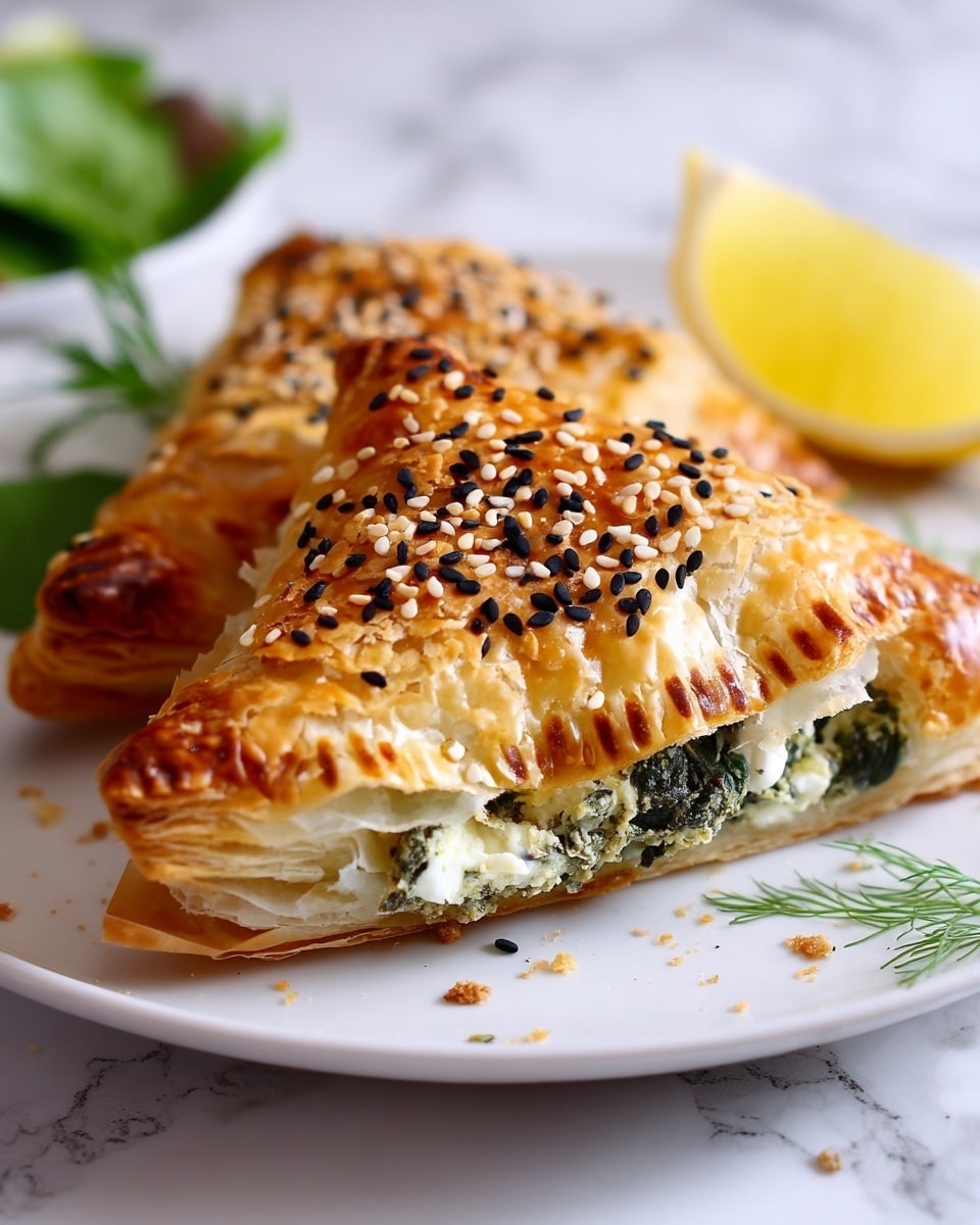 A close-up of a golden brown puff pastry triangle with flaky, layered crust topped with black and white sesame seeds. The top layer is partially torn open to show a creamy white and green spinach and cheese filling inside. The pastry is placed on a white plate with a lemon wedge and some green herbs blurred in the background on a white marbled surface. Photo taken with an iphone --ar 4:5 --v 7