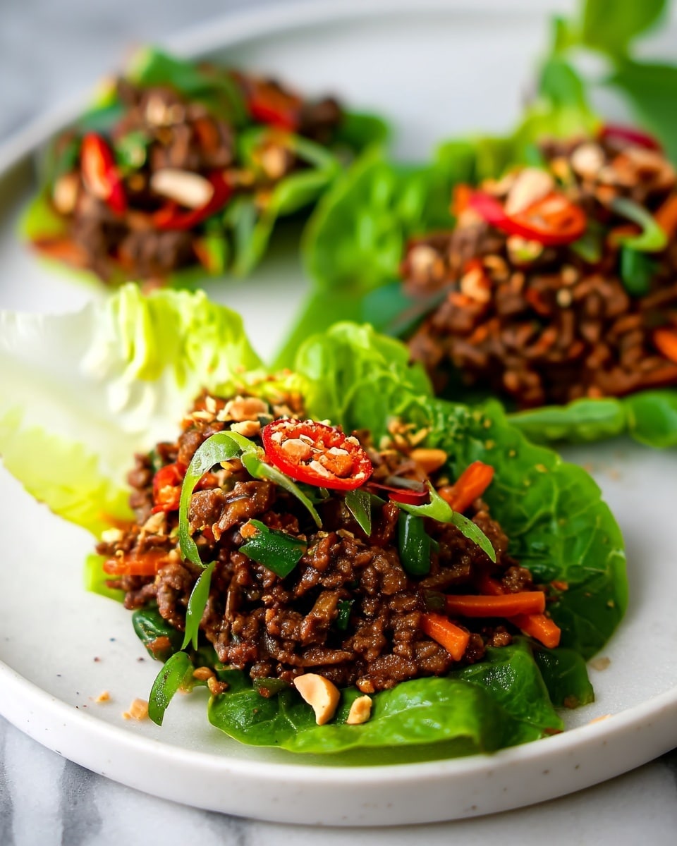 The image shows three lettuce wraps arranged on a white plate with a white marbled surface underneath. Each wrap has a base layer of large, bright green lettuce leaves that are fresh and slightly curled at the edges. On top, there is a generous layer of finely chopped cooked beef mixed with thin orange carrot strips and green herb pieces, giving the filling a varied texture. Bright red chili slices and small beige chopped nuts are sprinkled on top, adding color contrast and a crunchy texture. The focus is on the closest wrap, which is detailed and sharp, while the other two in the background are slightly blurred. Photo taken with an iphone --ar 4:5 --v 7