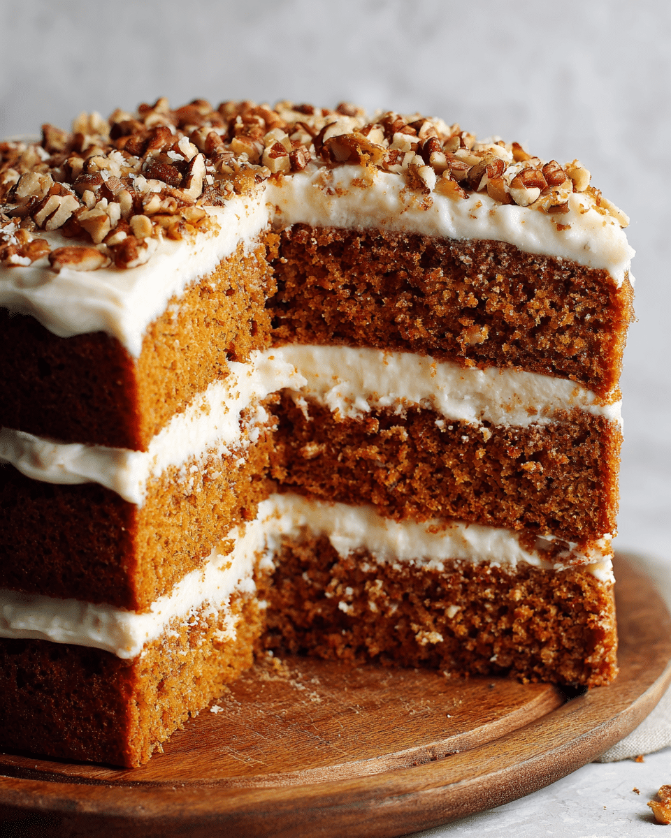A close-up side view of a four-layer carrot cake on a wooden board. The cake has four thick orange-brown sponge layers, each separated by creamy off-white frosting with small bits of nuts visible inside. The top layer is fully covered with the same smooth frosting and sprinkled generously with chopped pecans. The background and surface are changed to a white marbled texture, soft and out of focus, highlighting the cake's rich colors and textures. Photo taken with an iphone --ar 4:5 --v 7