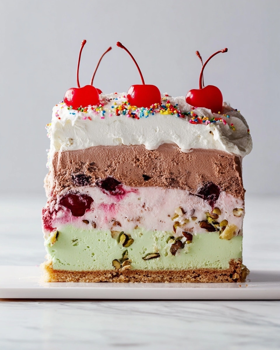 A close-up of a multi-layered ice cream cake slice on a white plate, placed on a white marbled surface. The bottom layer is a brown crispy crust, followed by a light pink layer with visible whole cherries and dark spots. Above that is a pale pistachio green ice cream with small pieces of pistachio nuts and whole cherries embedded inside. Next is a creamy chocolate ice cream layer with a soft texture, topped with a thick, smooth white whipped cream layer sprinkled with colorful round sprinkles. Two bright red cherries with long stems are placed on top, with a small dollop of whipped cream near one cherry. The background is a plain light tone. photo taken with an iphone --ar 4:5 --v 7
