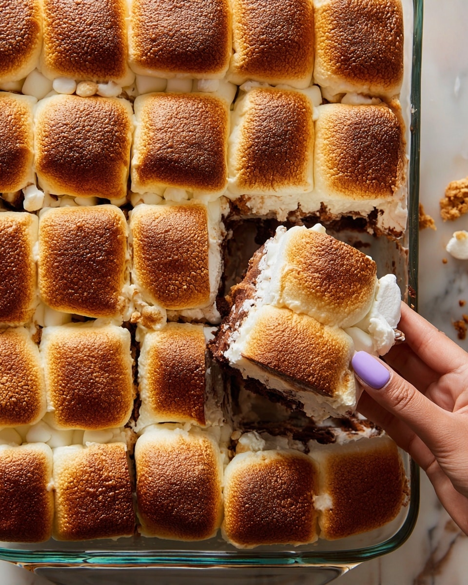 A close-up of a square piece of dessert being lifted from a clear glass baking dish, showing a thick top layer of toasted marshmallows that are golden brown and slightly crispy, arranged in a grid of puffy squares; underneath is a soft, creamy white layer visible between the marshmallows and a darker, rich, chocolatey layer at the bottom; the dessert is cut into equal square portions and the woman's hand holding the lifted piece has lavender-painted nails; the dish rests on a white marbled surface scattered with crumbs photo taken with an iphone --ar 4:5 --v 7