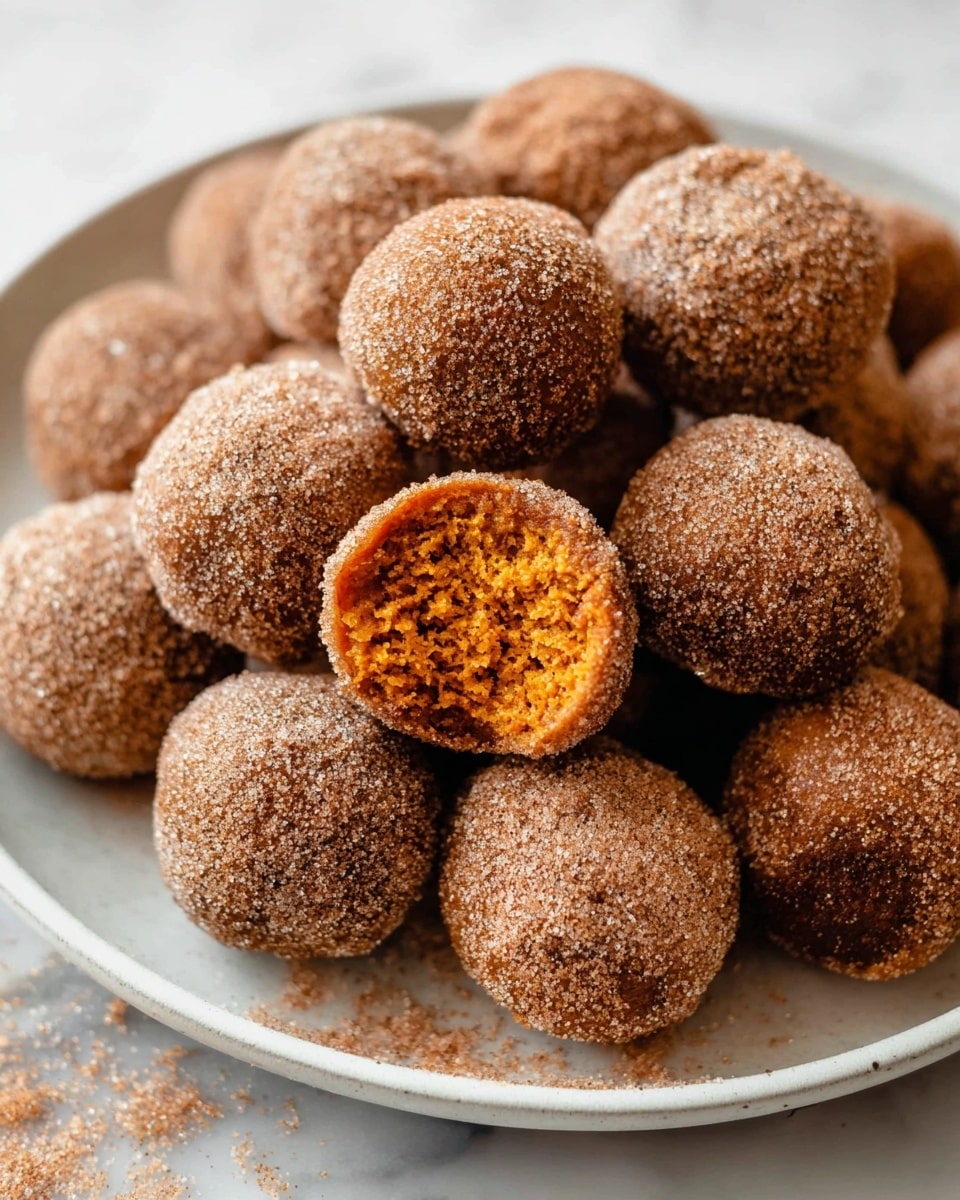 A white plate filled with round, brownish-orange balls covered in a dark cinnamon sugar layer; each ball is coated with a rough texture from the sugar, and one ball in the front is broken in half, showing a soft, moist, bright orange inside with a spongy texture. The plate sits on a white marbled surface. photo taken with an iphone --ar 4:5 --v 7