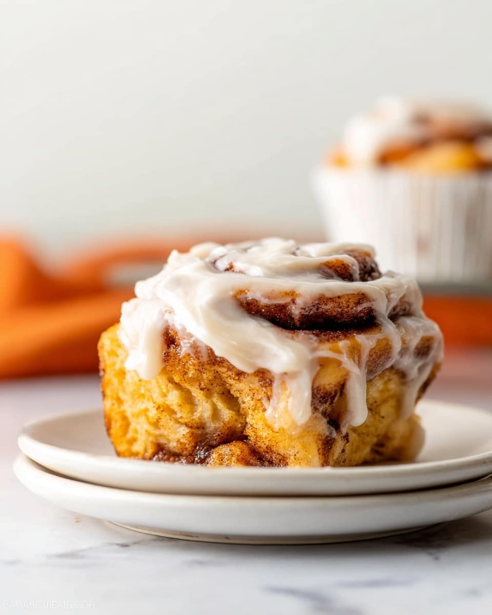 A close-up view of a single cinnamon roll placed on a white plate with a smooth rim, sitting on a white marbled surface. The cinnamon roll is golden brown with visible swirls of dark cinnamon filling throughout its three thick, soft layers. It is generously covered with a creamy, off-white frosting that looks smooth and slightly glossy, dripping slightly down the sides and blending with the cinnamon layers underneath. In the blurred background, there is another cinnamon roll in a white muffin cup, and soft, warm orange tones appear faintly at the edges, creating a cozy atmosphere. Photo taken with an iphone --ar 4:5 --v 7