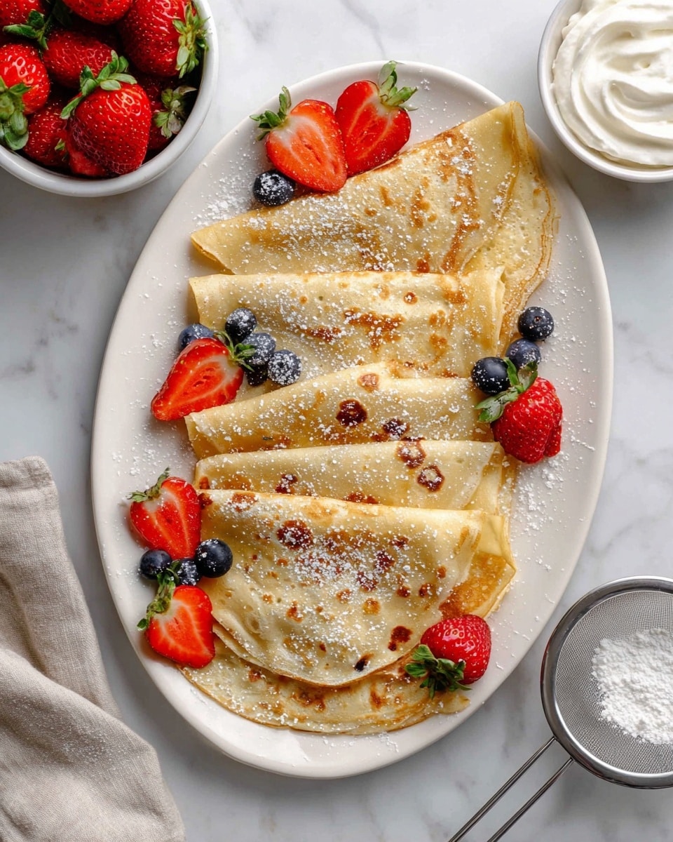 The image shows a white oval plate with seven thin crepes folded into triangles and arranged in two overlapping rows. The crepes are light golden brown with darker spots, and they are dusted lightly with powdered sugar. Fresh strawberries, both whole and halved showing the bright red inside, and a few dark blue blueberries are placed around and on top of the crepes for color. The plate is set on a white marbled surface with a small white bowl of whipped cream on the right and a gray bowl with a metal sifter and powdered sugar below. A white bowl with whole strawberries is partially visible in the top left corner. photo taken with an iphone --ar 4:5 --v 7