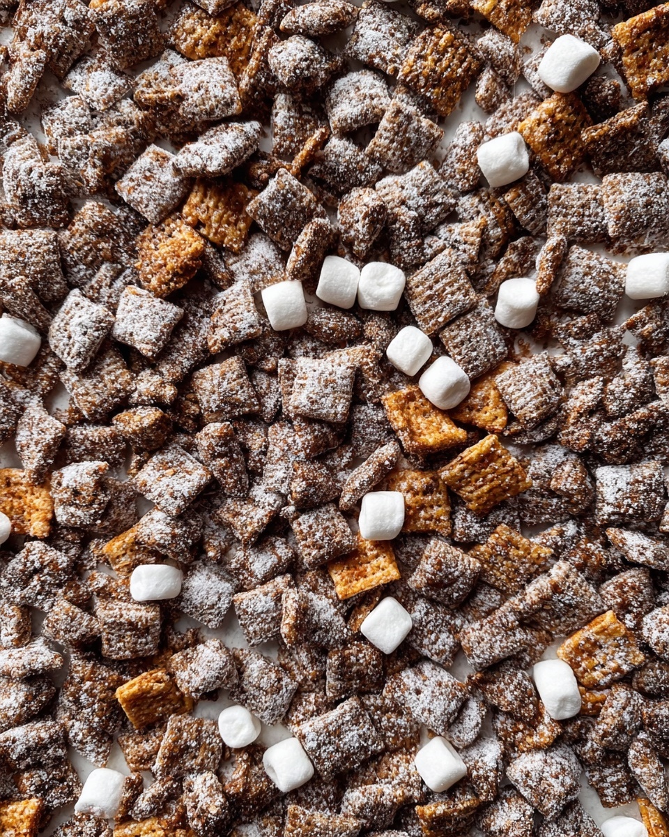 The image shows a close-up view of a snack mix spread out on a surface with a white marbled texture. The mix includes small square pieces of cereal coated in a thin layer of chocolate and powdered sugar, giving them a slightly frosted look. Among the cereal squares, there are some pieces with a golden brown color that are not coated, adding contrast. Scattered throughout the mix are small white marshmallows that stand out against the darker colors. The overall texture looks crunchy and powdery with varied shapes and sizes closely packed together. photo taken with an iphone --ar 4:5 --v 7
