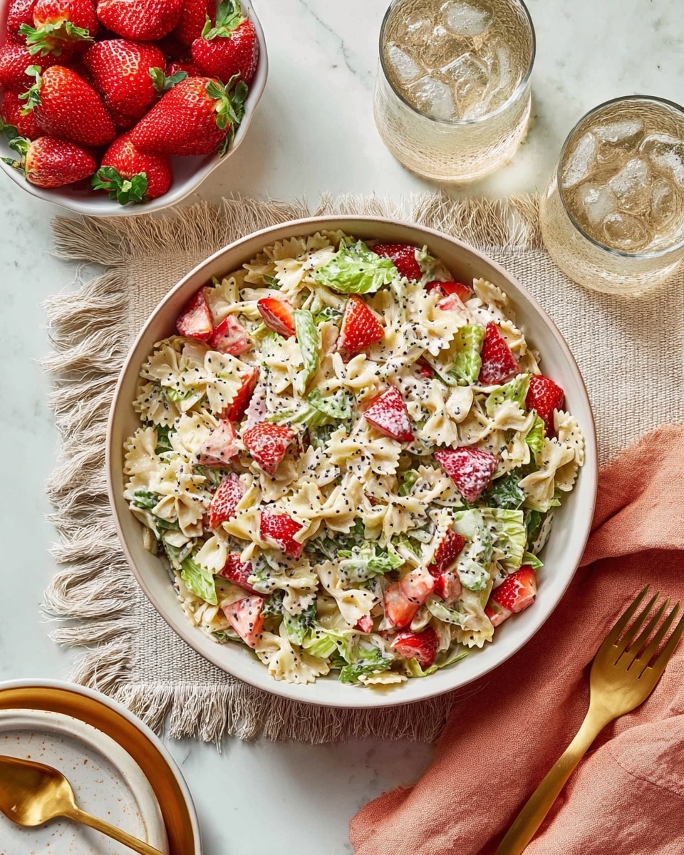 A large white bowl filled with a colorful pasta salad featuring three main visible layers: the bottom layer is small, bow-tie shaped pasta pieces in a creamy off-white color, mixed evenly throughout with green lettuce leaves providing texture and freshness, and topped with bright red sliced strawberries scattered across the bowl. The salad is lightly drizzled with a creamy white dressing speckled with tiny black poppy seeds, adding contrast. To the left, there's a white bowl stacked with whole strawberries, while two clear glasses with ice cubes and sparkling water sit above the pasta bowl on a light beige cloth with fringe edges placed on a white marbled surface. Below the bowl, a peach-colored cloth carries a gold spoon and fork. photo taken with an iphone --ar 4:5 --v 7
