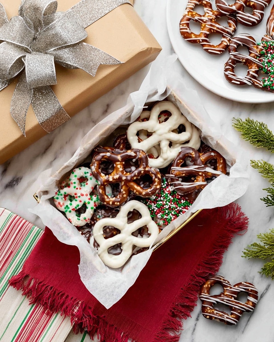 A box lined with white parchment paper holds two types of pretzels: some coated in smooth white chocolate with colorful red, green, and yellow sprinkles, and others covered in rich dark chocolate with drizzled white lines or colorful sprinkles. The pretzels are arranged closely, showing their glossy surfaces and varied decorations. Around the box, some pretzels are scattered on a white marbled surface, and a white plate at the top right corner also holds similarly decorated pretzels. Nearby, there is a gift wrapped in light brown paper with a glittery silver bow and green foliage, and a red cloth with fringed edges under the box and a striped tin with red, white, green, and pink colors. photo taken with an iphone --ar 4:5 --v 7
