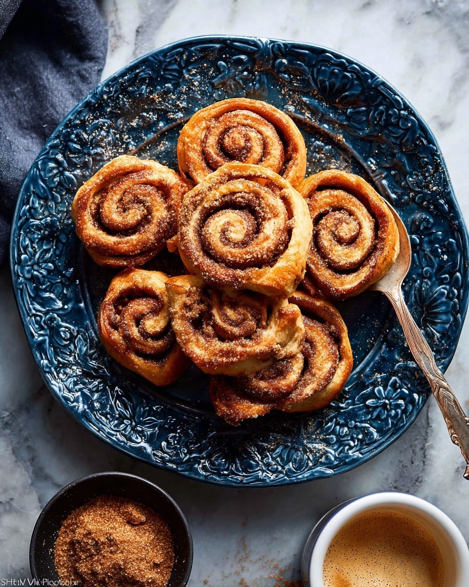 A dark blue plate with detailed floral patterns holds a pile of golden-brown cinnamon rolls with a visible spiral of cinnamon sugar filling in each. The cinnamon rolls have a slightly crispy outer layer with a soft and chewy inside, dusted lightly with cinnamon and sugar. A silver spoon rests on the right side of the plate. To the right of the plate is a cup of coffee with foam on top, in a white cup with a handle. At the bottom left, a small black bowl contains a cinnamon sugar mixture. Everything is placed on a white marbled textured surface. photo taken with an iphone --ar 4:5 --v 7