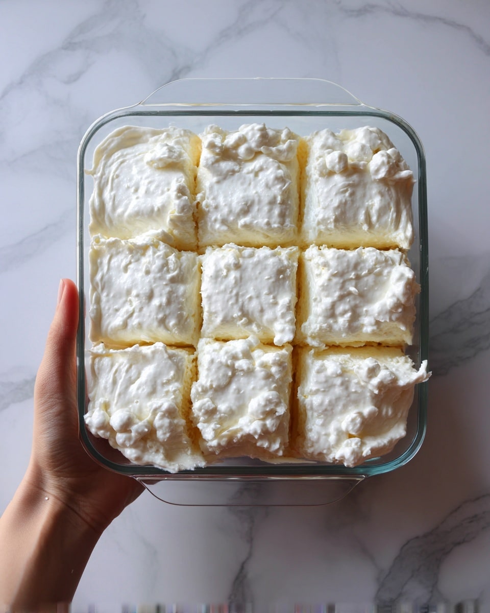 A glass rectangular dish holds a thick layer of creamy white mixture that is slightly textured with small lumps. The top surface is divided into nine square sections, each with soft, fluffy, and uneven peaks and ridges. The mixture appears smooth with some roughness and spread thickly to fill the entire dish, creating a dense but airy look. A woman's hand grips the side of the dish gently. The background shows a white marbled surface. photo taken with an iphone --ar 4:5 --v 7