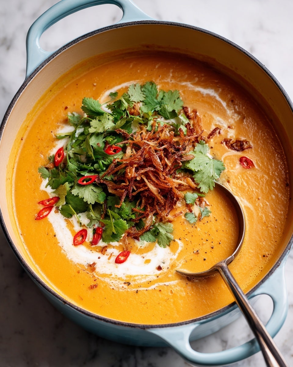 A large light blue pot filled with a thick orange soup, topped with a swirl of white cream and scattered thin red chili slices. On top, there is a large bunch of fresh green cilantro leaves along with some crispy fried onions. A metal ladle is scooping the creamy soup, showing its smooth and rich texture. The pot sits on a white marbled surface. photo taken with an iphone --ar 4:5 --v 7