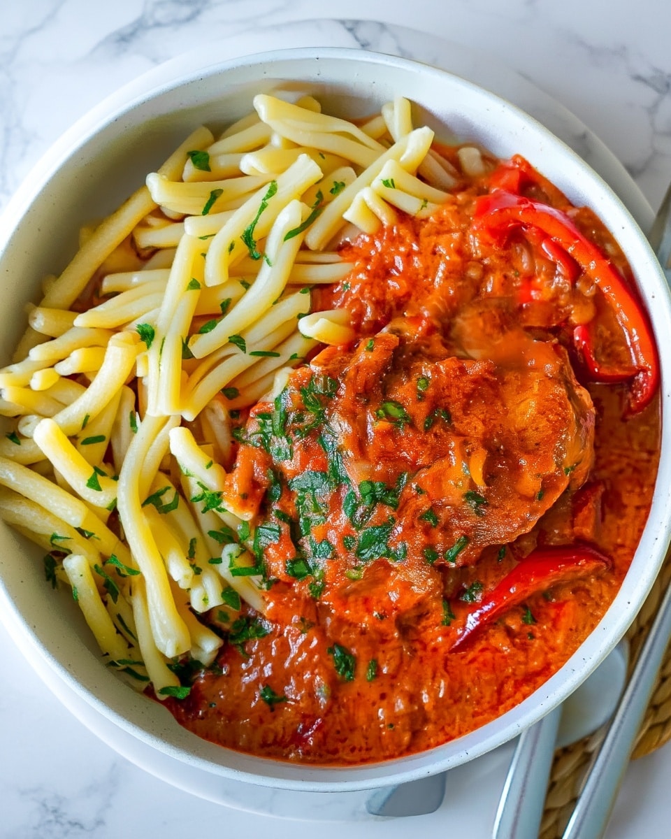 A white bowl holds a meal with two main layers: on the left, pale yellow casarecce pasta sprinkled lightly with green herbs, neatly arranged; on the right, thick creamy red-orange sauce with visible bits, coating at least two large pieces of meat or protein, topped with chopped green herbs and a few strips of cooked red bell pepper. The bowl sits on a white marbled surface with a subtle pattern visible around the edges. A silver fork and knife are placed to the right side. Photo taken with an iphone --ar 4:5 --v 7