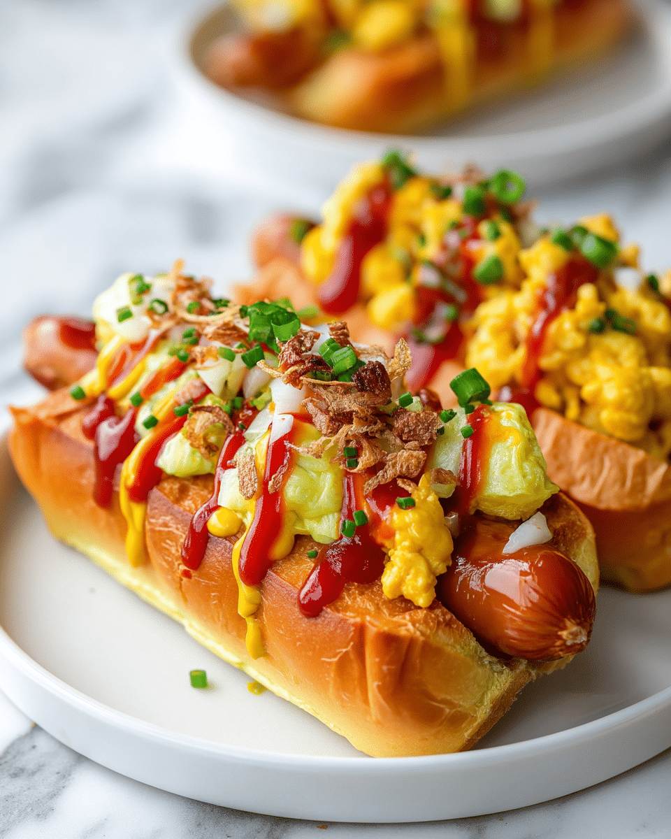 A hot dog placed on a white round plate on a white marbled surface, with a soft golden brown bun holding a grilled sausage that peeks out at both ends; on top, a thick layer of yellow scrambled eggs covers the sausage, followed by a drizzle of bright red ketchup and smooth yellow mustard running down the sides; small diced white onions, chopped green chives, and crispy fried shallots are sprinkled generously over the top, adding texture and color contrast; in the background, another hot dog is slightly blurred but shows similar toppings. photo taken with an iphone --ar 4:5 --v 7